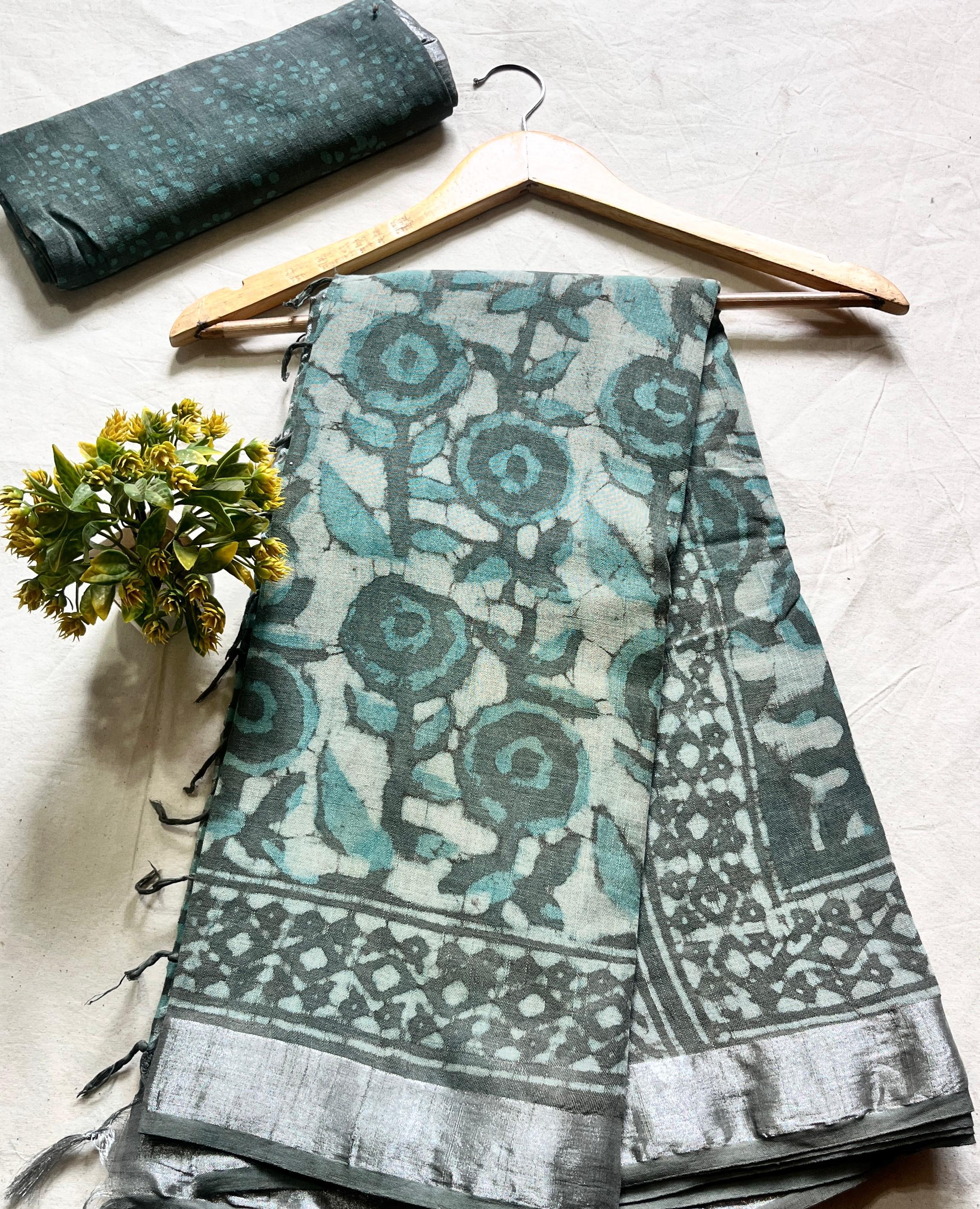 Bluish Gray Floral Jaal Saree – Handcrafted cotton linen handblock printed saree wholesale for designers and boutiques